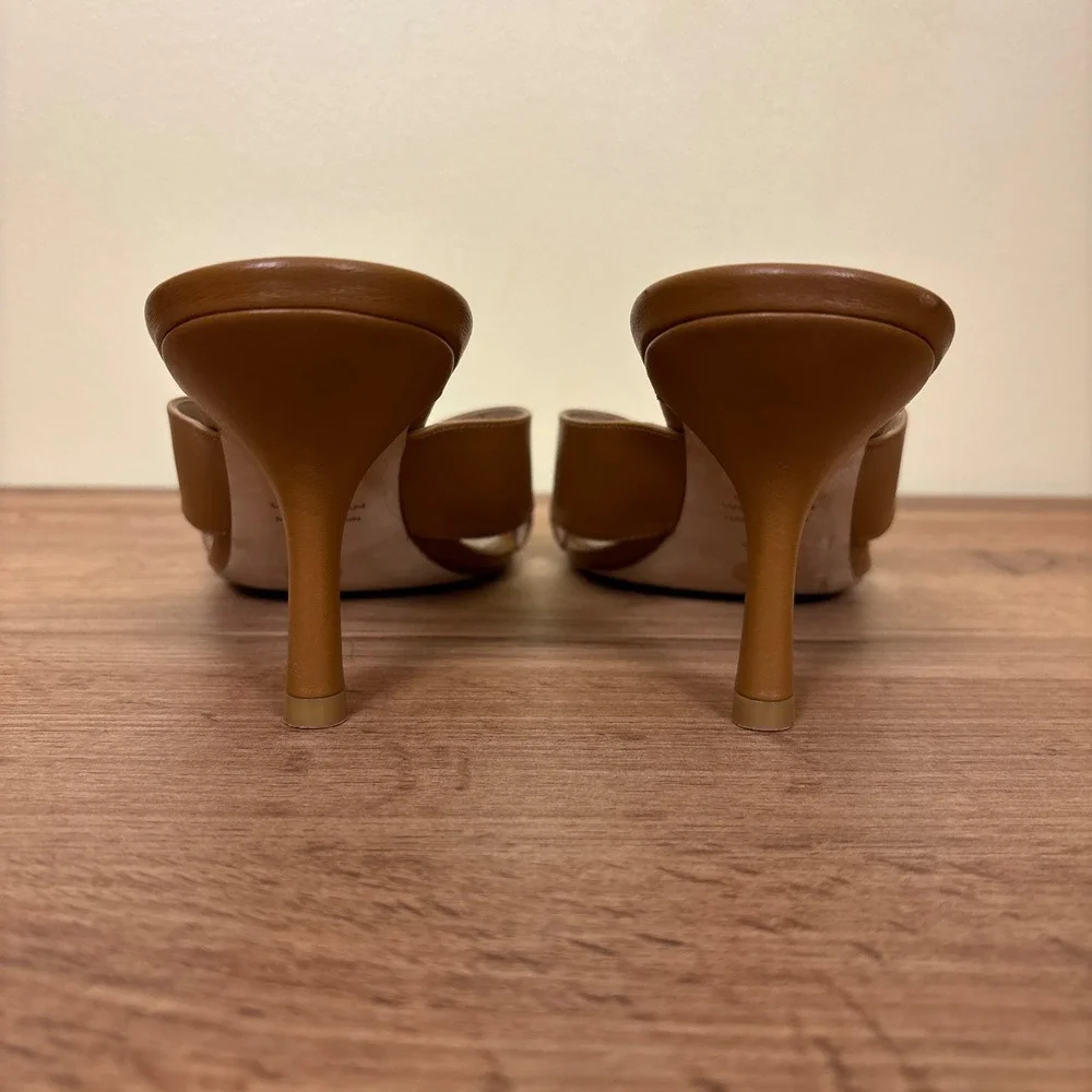 STUART WEITZMAN Dayna Sandal Heels Size 8.5 Macchiato Tan‎ Leather Square Toe - Picture 9 of 11